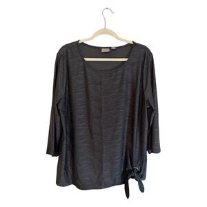 Easywear by Chicos Top Charcoal XL Black Side Tie Wave Pattern 3/4 Sleeve Blouse